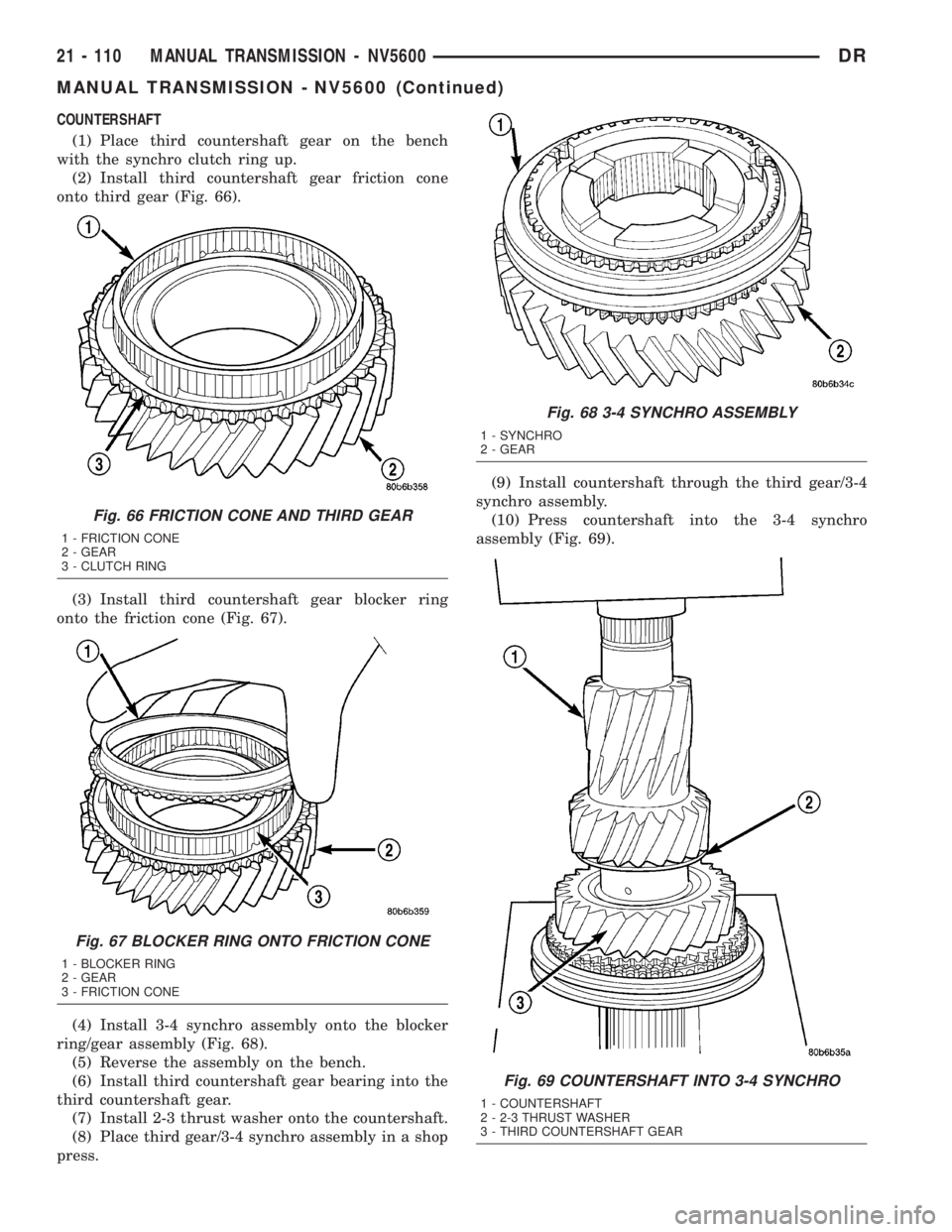 DODGE RAM 2003  Service Repair Manual COUNTERSHAFT
(1) Place third countershaft gear on the bench
with the synchro clutch ring up.
(2) Install third countershaft gear friction cone
onto third gear (Fig. 66).
(3) Install third countershaft