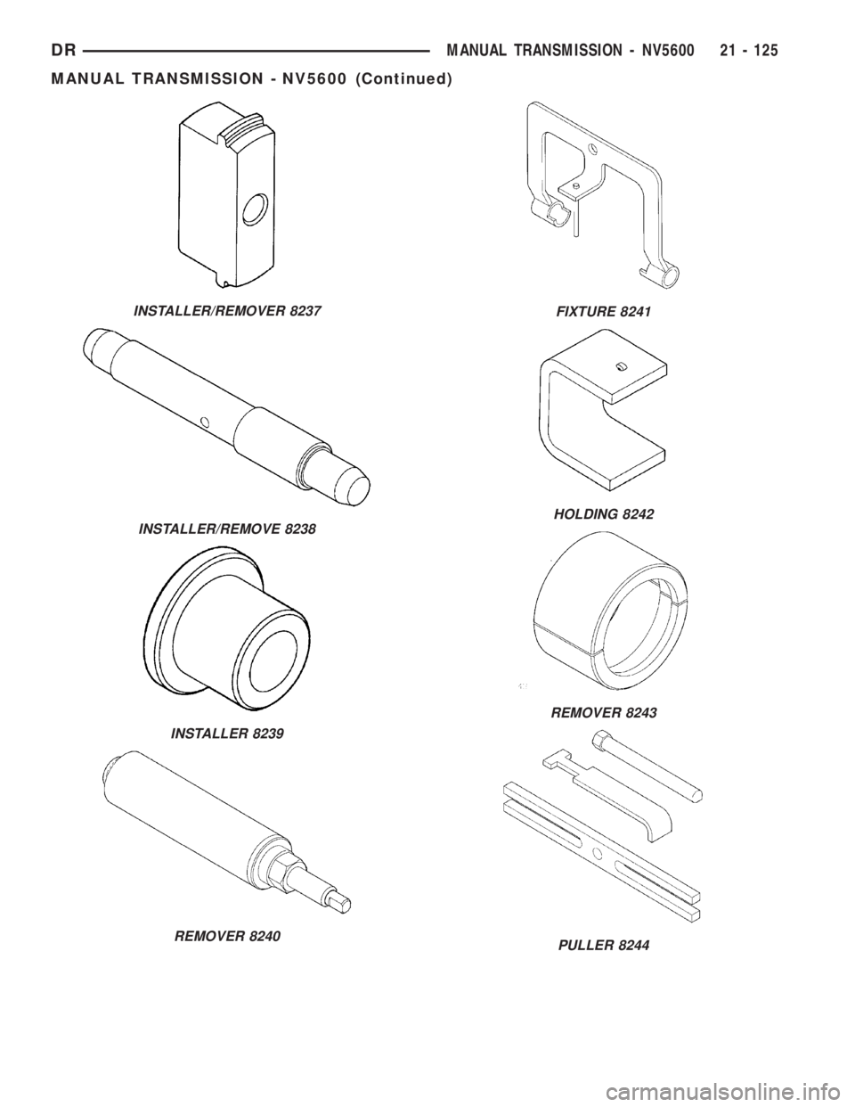 DODGE RAM 2003  Service Repair Manual INSTALLER/REMOVER 8237
INSTALLER/REMOVE 8238
INSTALLER 8239
REMOVER 8240
FIXTURE 8241
HOLDING 8242
REMOVER 8243
PULLER 8244
DRMANUAL TRANSMISSION - NV5600 21 - 125
MANUAL TRANSMISSION - NV5600 (Contin