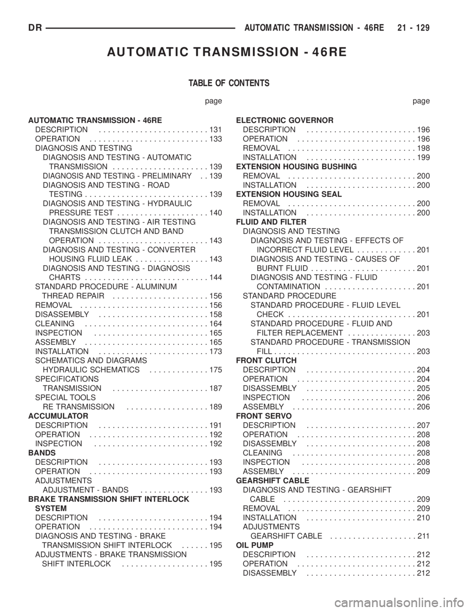 DODGE RAM 2003  Service Repair Manual AUTOMATIC TRANSMISSION - 46RE
TABLE OF CONTENTS
page page
AUTOMATIC TRANSMISSION - 46RE
DESCRIPTION........................131
OPERATION..........................133
DIAGNOSIS AND TESTING
DIAGNOSIS AN