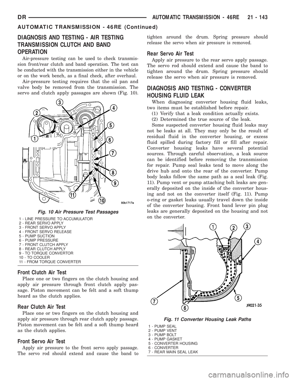 DODGE RAM 2003 Service Repair Manual DIAGNOSIS AND TESTING - AIR TESTING
TRANSMISSION CLUTCH AND BAND
OPERATION
Air-pressure testing can be used to check transmis-
sion front/rear clutch and band operation. The test can
be conducted with DODGE RAM 2003 Service Repair Manual DIAGNOSIS AND TESTING - AIR TESTING
TRANSMISSION CLUTCH AND BAND
OPERATION
Air-pressure testing can be used to check transmis-
sion front/rear clutch and band operation. The test can
be conducted with