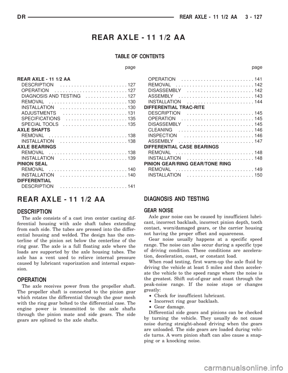 DODGE RAM 2003 Service Owners Guide REAR AXLE - 11 1/2 AA
TABLE OF CONTENTS
page page
REAR AXLE - 11 1/2 AA
DESCRIPTION........................127
OPERATION..........................127
DIAGNOSIS AND TESTING...............127
REMOVAL... DODGE RAM 2003 Service Owners Guide REAR AXLE - 11 1/2 AA
TABLE OF CONTENTS
page page
REAR AXLE - 11 1/2 AA
DESCRIPTION........................127
OPERATION..........................127
DIAGNOSIS AND TESTING...............127
REMOVAL...