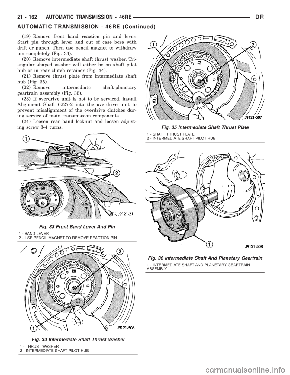 DODGE RAM 2003  Service Repair Manual (19) Remove front band reaction pin and lever.
Start pin through lever and out of case bore with
drift or punch. Then use pencil magnet to withdraw
pin completely (Fig. 33).
(20) Remove intermediate s