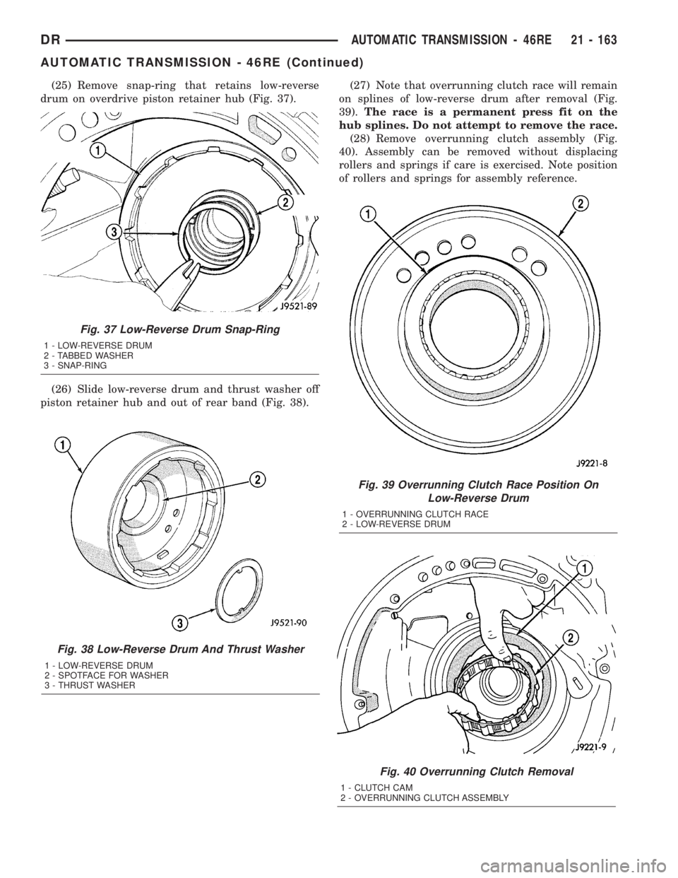 DODGE RAM 2003  Service Repair Manual (25) Remove snap-ring that retains low-reverse
drum on overdrive piston retainer hub (Fig. 37).
(26) Slide low-reverse drum and thrust washer off
piston retainer hub and out of rear band (Fig. 38).(27