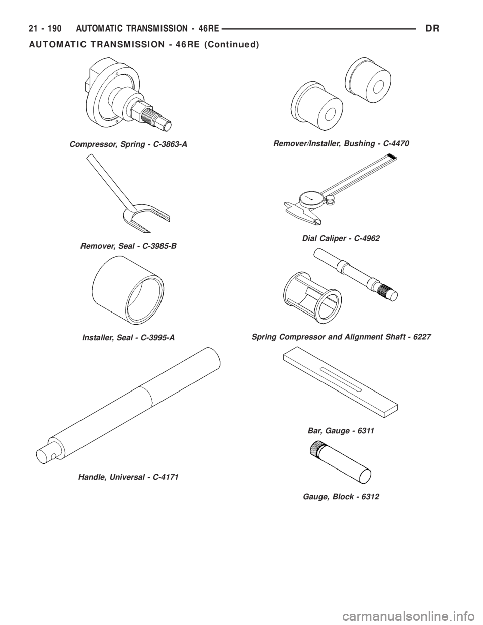 DODGE RAM 2003  Service Repair Manual Compressor, Spring - C-3863-A
Remover, Seal - C-3985-B
Installer, Seal - C-3995-A
Handle, Universal - C-4171
Remover/Installer, Bushing - C-4470
Dial Caliper - C-4962
Spring Compressor and Alignment S