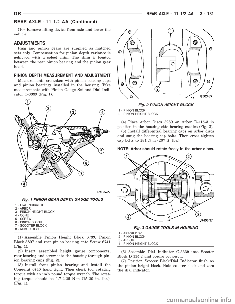 DODGE RAM 2003  Service Repair Manual (10) Remove lifting device from axle and lower the
vehicle.
ADJUSTMENTS
Ring and pinion gears are supplied as matched
sets only. Compensation for pinion depth variance is
achieved with a select shim. 