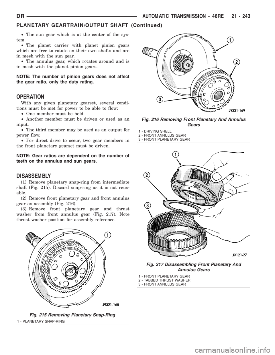 DODGE RAM 2003 Service Repair Manual ²The sun gear which is at the center of the sys-
tem.
²The planet carrier with planet pinion gears
which are free to rotate on their own shafts and are
in mesh with the sun gear.
²The annulus gear, DODGE RAM 2003 Service Repair Manual ²The sun gear which is at the center of the sys-
tem.
²The planet carrier with planet pinion gears
which are free to rotate on their own shafts and are
in mesh with the sun gear.
²The annulus gear,