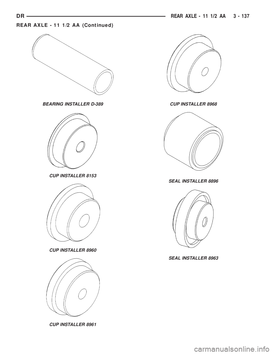 DODGE RAM 2003  Service Repair Manual BEARING INSTALLER D-389
CUP INSTALLER 8153
CUP INSTALLER 8960
CUP INSTALLER 8961
CUP INSTALLER 8968
SEAL INSTALLER 8896
SEAL INSTALLER 8963
DRREAR AXLE - 11 1/2 AA 3 - 137
REAR AXLE - 11 1/2 AA (Conti