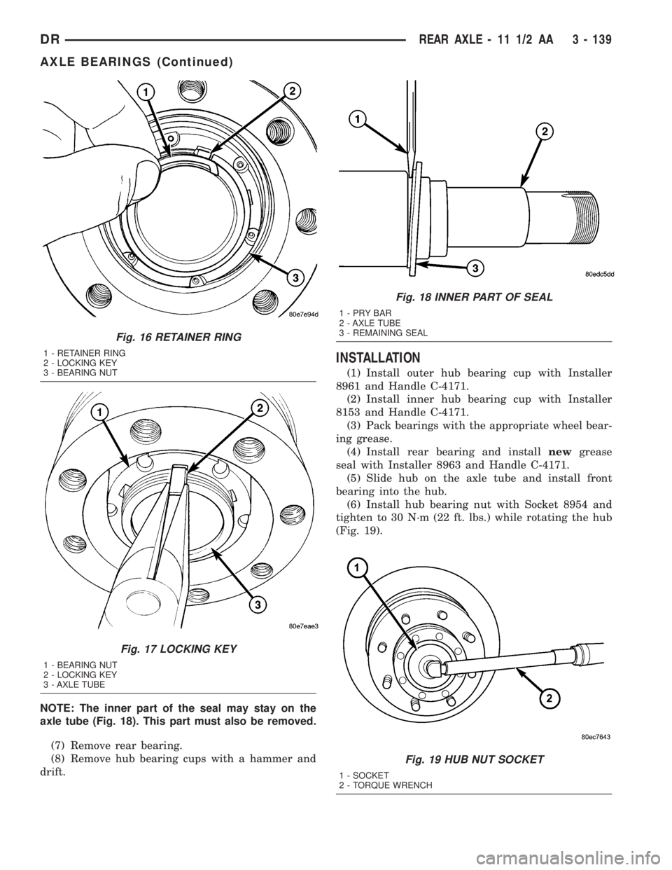 DODGE RAM 2003 Service Repair Manual NOTE: The inner part of the seal may stay on the
axle tube (Fig. 18). This part must also be removed.
(7) Remove rear bearing.
(8) Remove hub bearing cups with a hammer and
drift.
INSTALLATION
(1) Ins DODGE RAM 2003 Service Repair Manual NOTE: The inner part of the seal may stay on the
axle tube (Fig. 18). This part must also be removed.
(7) Remove rear bearing.
(8) Remove hub bearing cups with a hammer and
drift.
INSTALLATION
(1) Ins