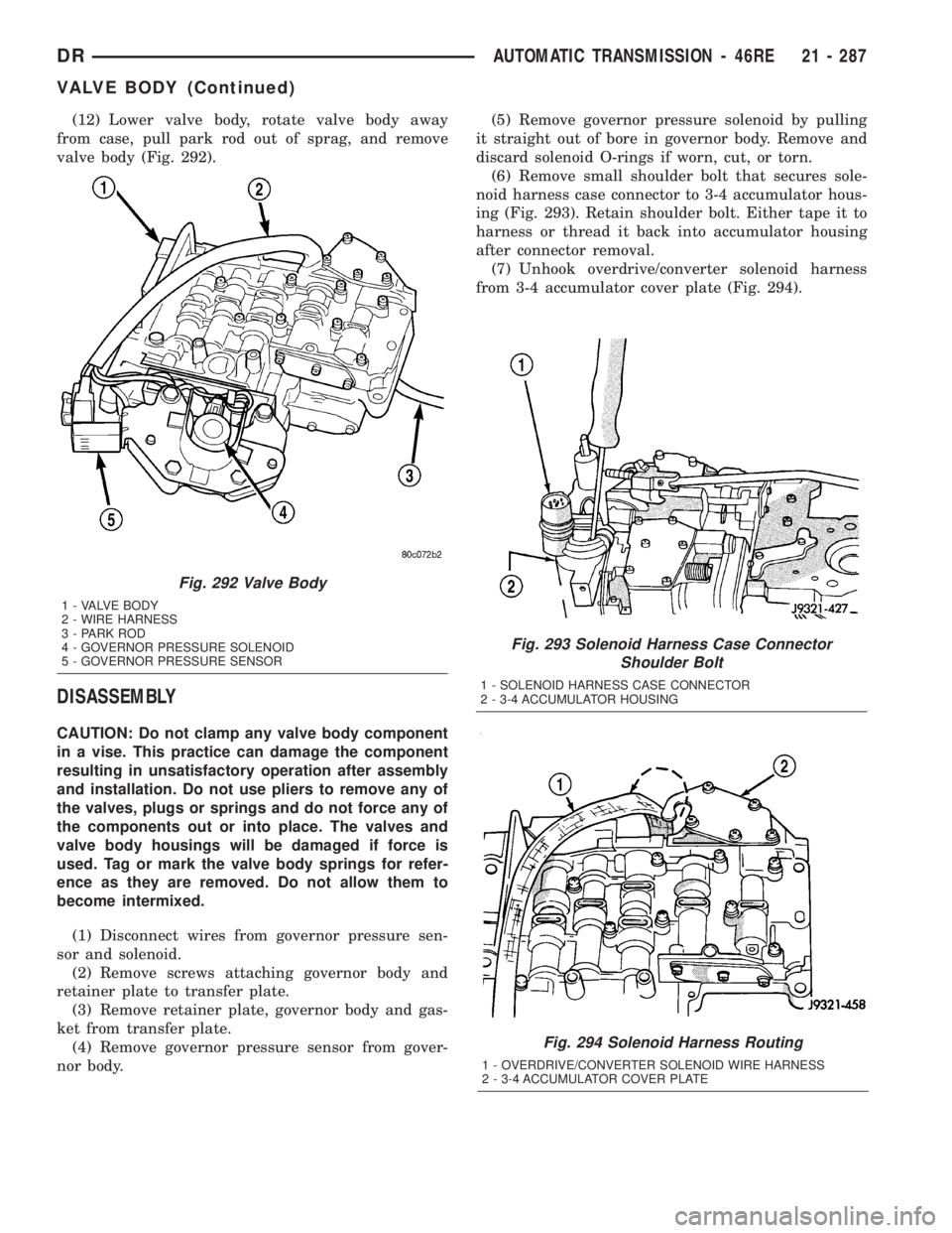 DODGE RAM 2003  Service Repair Manual (12) Lower valve body, rotate valve body away
from case, pull park rod out of sprag, and remove
valve body (Fig. 292).
DISASSEMBLY
CAUTION: Do not clamp any valve body component
in a vise. This practi