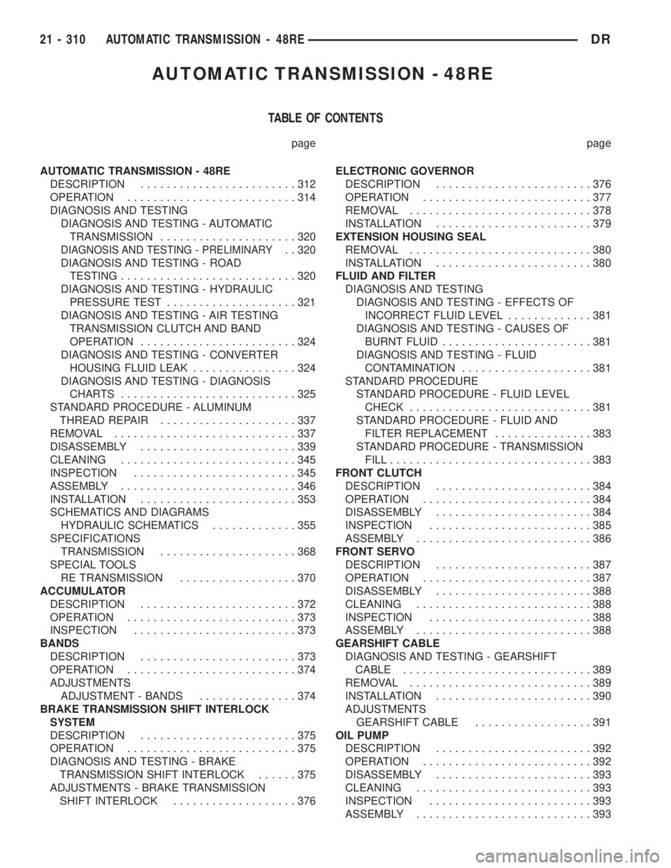 DODGE RAM 2003 Service Repair Manual AUTOMATIC TRANSMISSION - 48RE
TABLE OF CONTENTS
page page
AUTOMATIC TRANSMISSION - 48RE
DESCRIPTION........................312
OPERATION..........................314
DIAGNOSIS AND TESTING
DIAGNOSIS AN DODGE RAM 2003 Service Repair Manual AUTOMATIC TRANSMISSION - 48RE
TABLE OF CONTENTS
page page
AUTOMATIC TRANSMISSION - 48RE
DESCRIPTION........................312
OPERATION..........................314
DIAGNOSIS AND TESTING
DIAGNOSIS AN