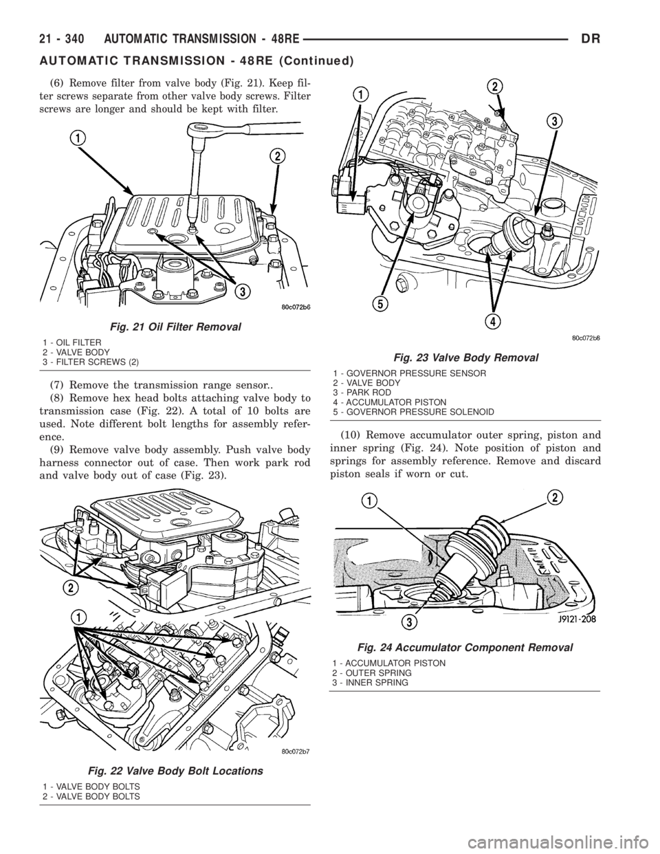 DODGE RAM 2003 Service Repair Manual (6)Remove filter from valve body (Fig. 21). Keep fil-
ter screws separate from other valve body screws. Filter
screws are longer and should be kept with filter.
(7) Remove the transmission range senso DODGE RAM 2003 Service Repair Manual (6)Remove filter from valve body (Fig. 21). Keep fil-
ter screws separate from other valve body screws. Filter
screws are longer and should be kept with filter.
(7) Remove the transmission range senso