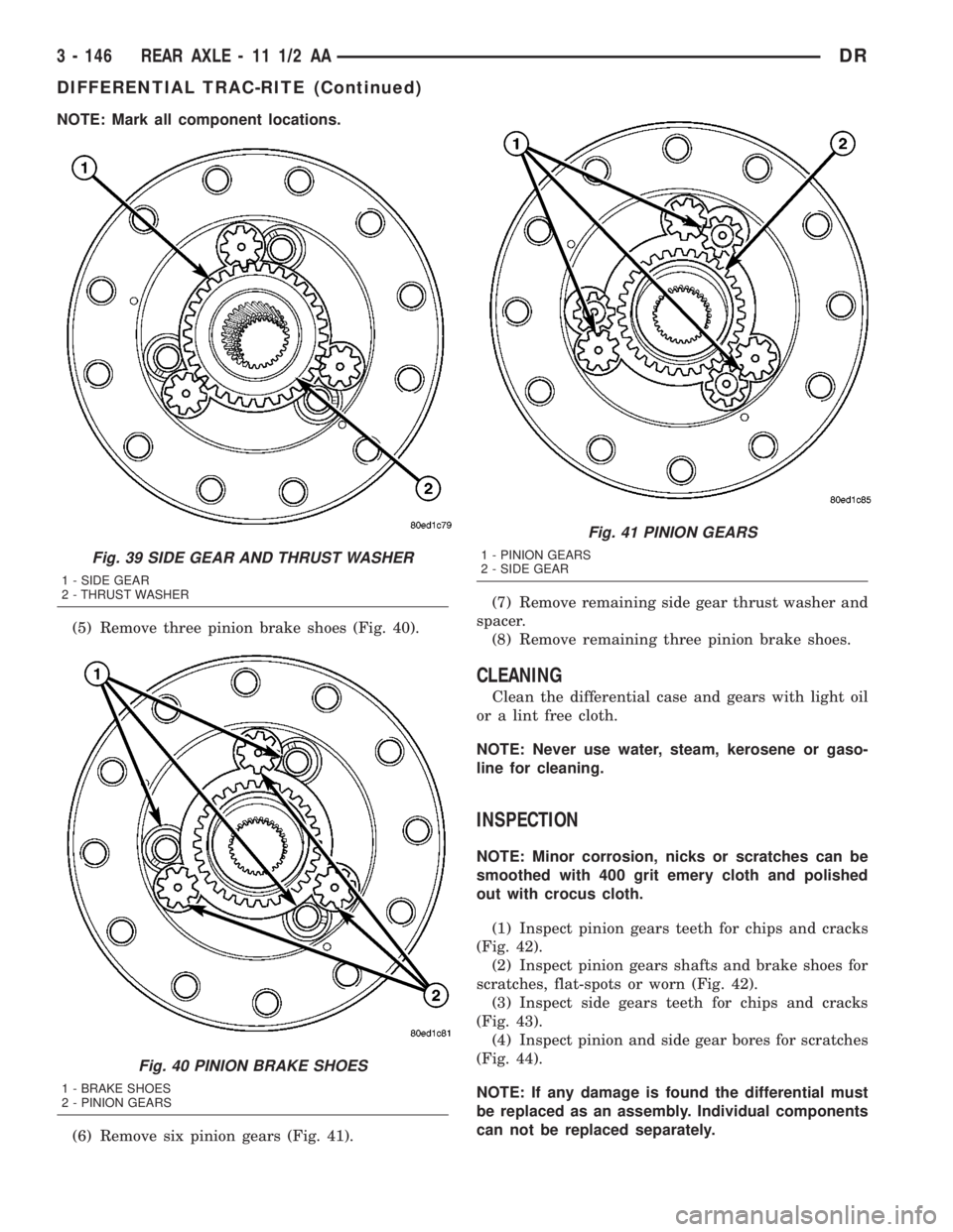 DODGE RAM 2003 Service Repair Manual NOTE: Mark all component locations.
(5) Remove three pinion brake shoes (Fig. 40).
(6) Remove six pinion gears (Fig. 41).(7) Remove remaining side gear thrust washer and
spacer.
(8) Remove remaining t DODGE RAM 2003 Service Repair Manual NOTE: Mark all component locations.
(5) Remove three pinion brake shoes (Fig. 40).
(6) Remove six pinion gears (Fig. 41).(7) Remove remaining side gear thrust washer and
spacer.
(8) Remove remaining t