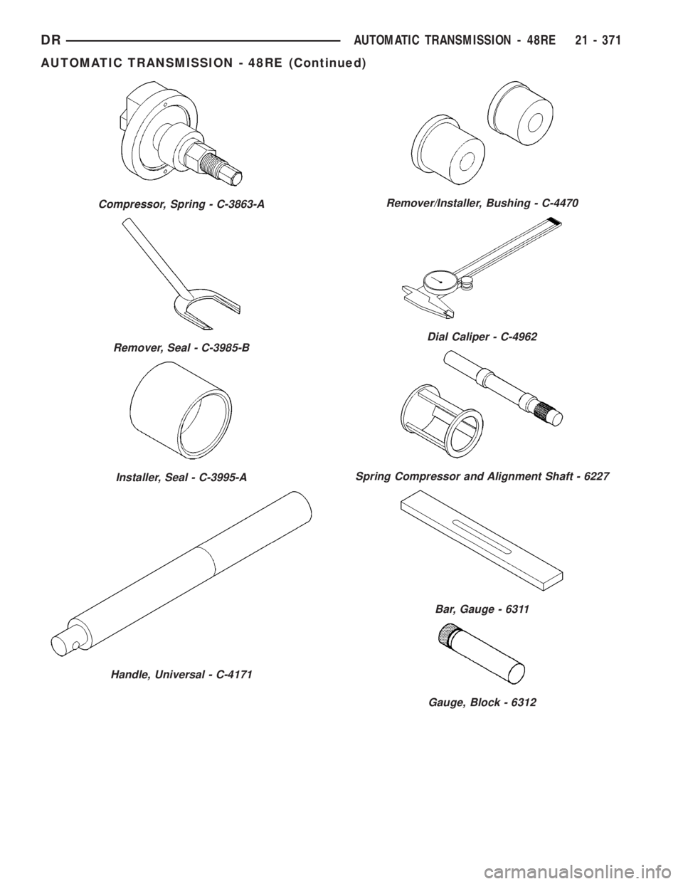 DODGE RAM 2003  Service Repair Manual Compressor, Spring - C-3863-A
Remover, Seal - C-3985-B
Installer, Seal - C-3995-A
Handle, Universal - C-4171
Remover/Installer, Bushing - C-4470
Dial Caliper - C-4962
Spring Compressor and Alignment S