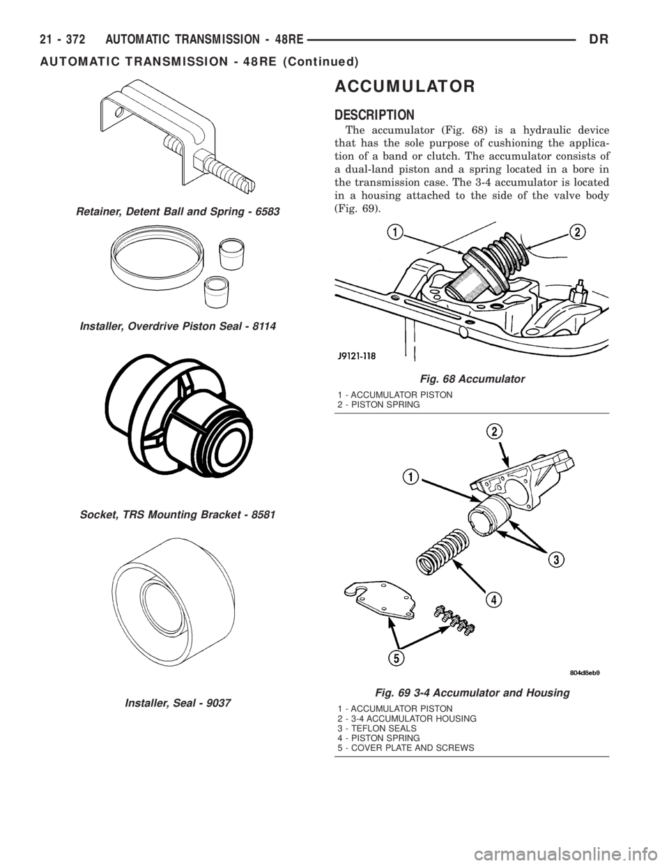 DODGE RAM 2003 Service Repair Manual ACCUMULATOR
DESCRIPTION
The accumulator (Fig. 68) is a hydraulic device
that has the sole purpose of cushioning the applica-
tion of a band or clutch. The accumulator consists of
a dual-land piston an DODGE RAM 2003 Service Repair Manual ACCUMULATOR
DESCRIPTION
The accumulator (Fig. 68) is a hydraulic device
that has the sole purpose of cushioning the applica-
tion of a band or clutch. The accumulator consists of
a dual-land piston an