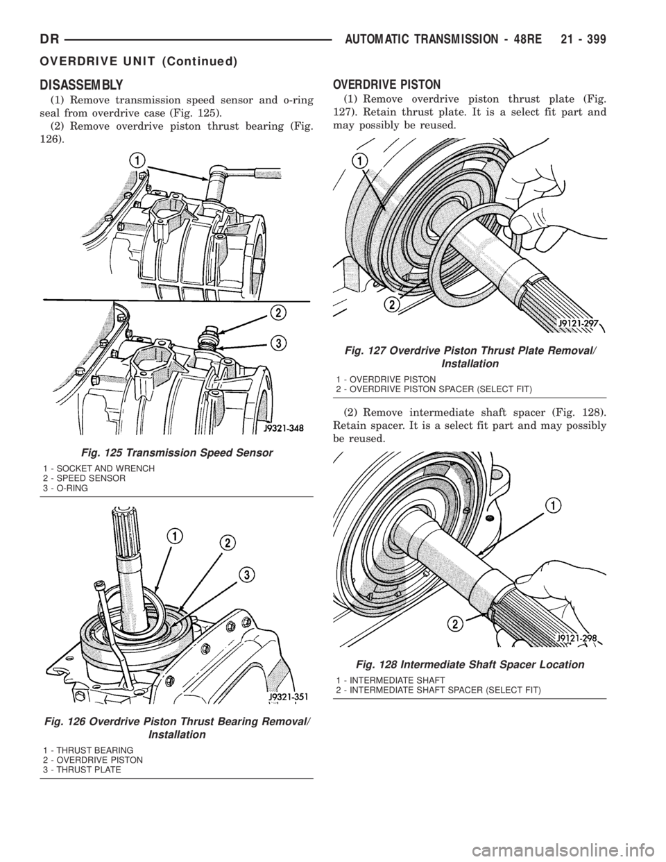 DODGE RAM 2003  Service Repair Manual DISASSEMBLY
(1) Remove transmission speed sensor and o-ring
seal from overdrive case (Fig. 125).
(2) Remove overdrive piston thrust bearing (Fig.
126).
OVERDRIVE PISTON
(1) Remove overdrive piston thr