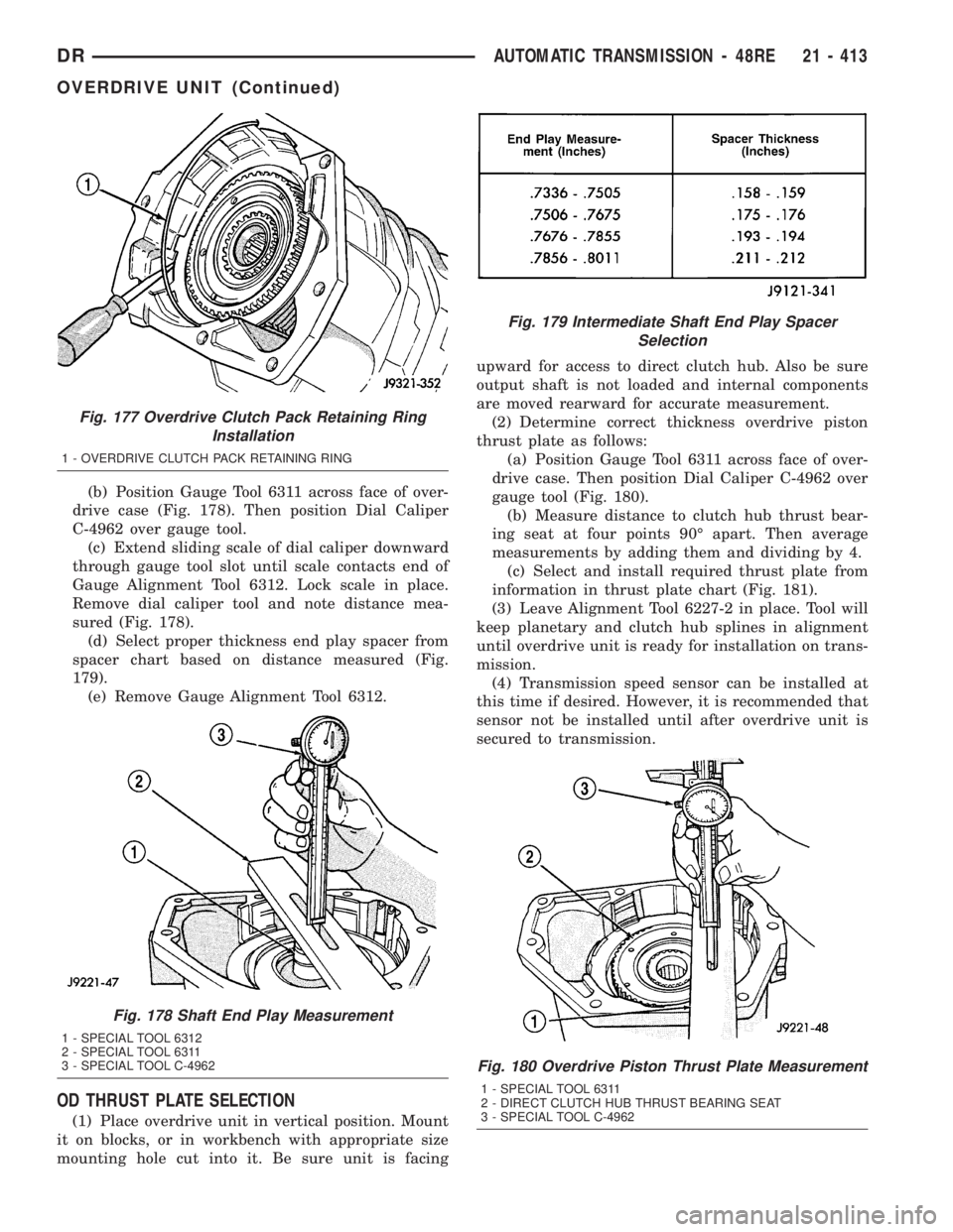 DODGE RAM 2003  Service Repair Manual (b) Position Gauge Tool 6311 across face of over-
drive case (Fig. 178). Then position Dial Caliper
C-4962 over gauge tool.
(c) Extend sliding scale of dial caliper downward
through gauge tool slot un