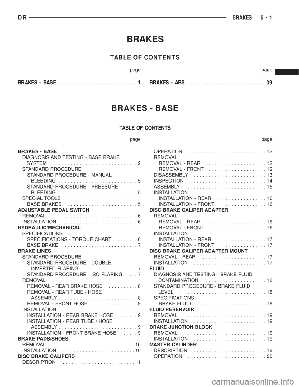 DODGE RAM 2003 Service Repair Manual BRAKES
TABLE OF CONTENTS
page page
BRAKES - BASE........................... 1BRAKES - ABS........................... 39
BRAKES - BASE
TABLE OF CONTENTS
page page
BRAKES - BASE
DIAGNOSIS AND TESTING - DODGE RAM 2003 Service Repair Manual BRAKES
TABLE OF CONTENTS
page page
BRAKES - BASE........................... 1BRAKES - ABS........................... 39
BRAKES - BASE
TABLE OF CONTENTS
page page
BRAKES - BASE
DIAGNOSIS AND TESTING -