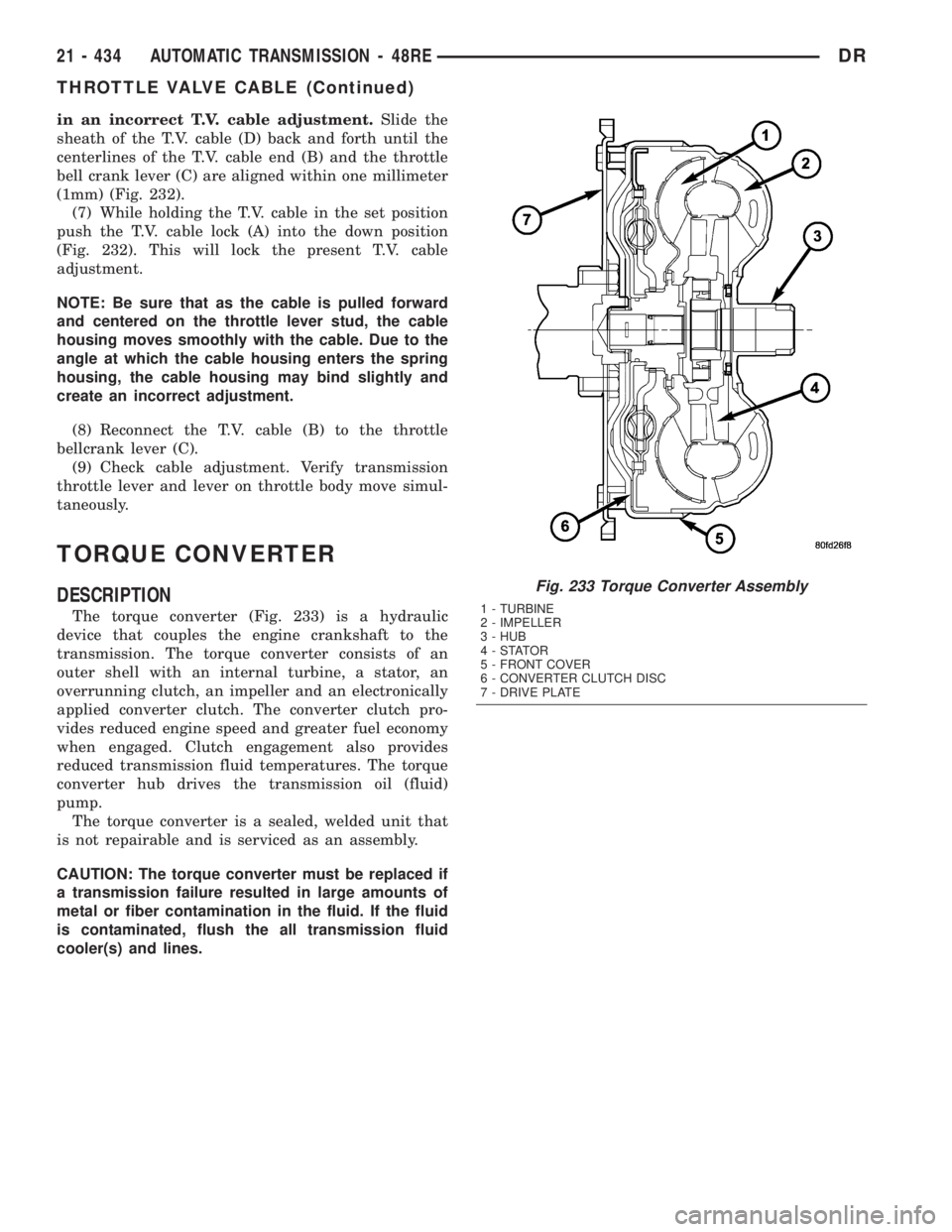 DODGE RAM 2003 Service Repair Manual in an incorrect T.V. cable adjustment.Slide the
sheath of the T.V. cable (D) back and forth until the
centerlines of the T.V. cable end (B) and the throttle
bell crank lever (C) are aligned within one DODGE RAM 2003 Service Repair Manual in an incorrect T.V. cable adjustment.Slide the
sheath of the T.V. cable (D) back and forth until the
centerlines of the T.V. cable end (B) and the throttle
bell crank lever (C) are aligned within one