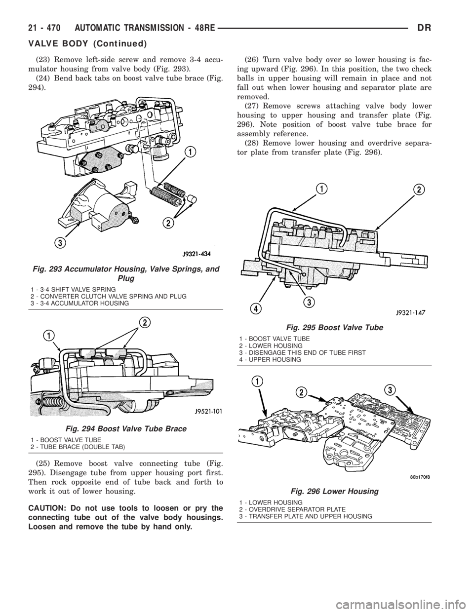 DODGE RAM 2003 Service Repair Manual (23) Remove left-side screw and remove 3-4 accu-
mulator housing from valve body (Fig. 293).
(24) Bend back tabs on boost valve tube brace (Fig.
294).
(25) Remove boost valve connecting tube (Fig.
295 DODGE RAM 2003 Service Repair Manual (23) Remove left-side screw and remove 3-4 accu-
mulator housing from valve body (Fig. 293).
(24) Bend back tabs on boost valve tube brace (Fig.
294).
(25) Remove boost valve connecting tube (Fig.
295