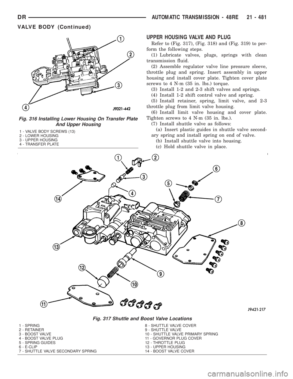 DODGE RAM 2003 Service Repair Manual UPPER HOUSING VALVE AND PLUG
Refer to (Fig. 317), (Fig. 318) and (Fig. 319) to per-
form the following steps.
(1) Lubricate valves, plugs, springs with clean
transmission fluid.
(2) Assemble regulator DODGE RAM 2003 Service Repair Manual UPPER HOUSING VALVE AND PLUG
Refer to (Fig. 317), (Fig. 318) and (Fig. 319) to per-
form the following steps.
(1) Lubricate valves, plugs, springs with clean
transmission fluid.
(2) Assemble regulator