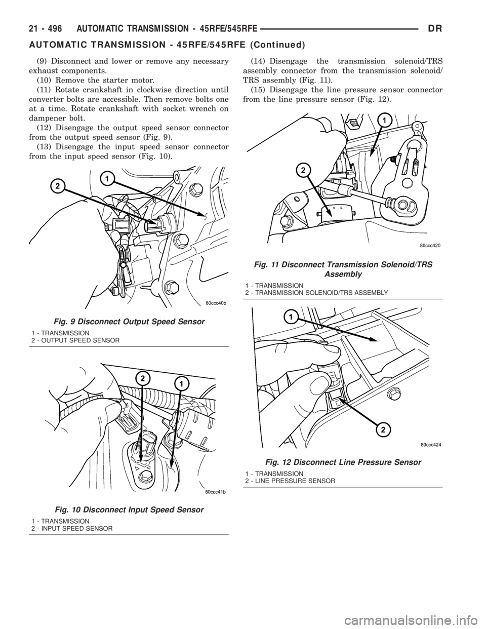 DODGE RAM 2003  Service Repair Manual (9) Disconnect and lower or remove any necessary
exhaust components.
(10) Remove the starter motor.
(11) Rotate crankshaft in clockwise direction until
converter bolts are accessible. Then remove bolt
