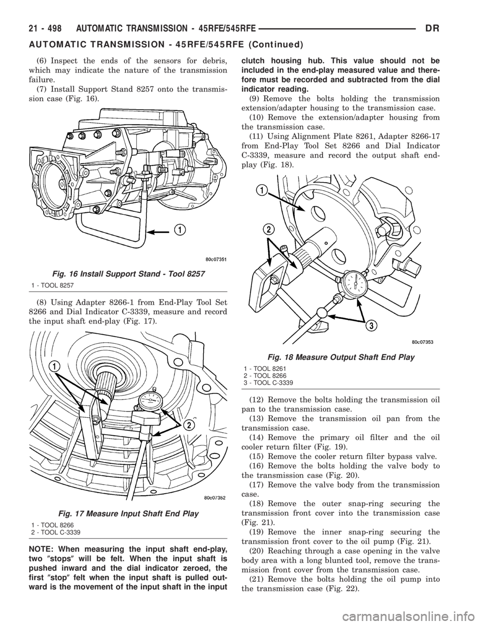 DODGE RAM 2003  Service Repair Manual (6) Inspect the ends of the sensors for debris,
which may indicate the nature of the transmission
failure.
(7) Install Support Stand 8257 onto the transmis-
sion case (Fig. 16).
(8) Using Adapter 8266
