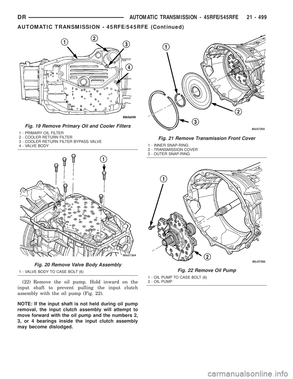 DODGE RAM 2003 Service Repair Manual (22) Remove the oil pump. Hold inward on the
input shaft to prevent pulling the input clutch
assembly with the oil pump (Fig. 22).
NOTE: If the input shaft is not held during oil pump
removal, the inp DODGE RAM 2003 Service Repair Manual (22) Remove the oil pump. Hold inward on the
input shaft to prevent pulling the input clutch
assembly with the oil pump (Fig. 22).
NOTE: If the input shaft is not held during oil pump
removal, the inp