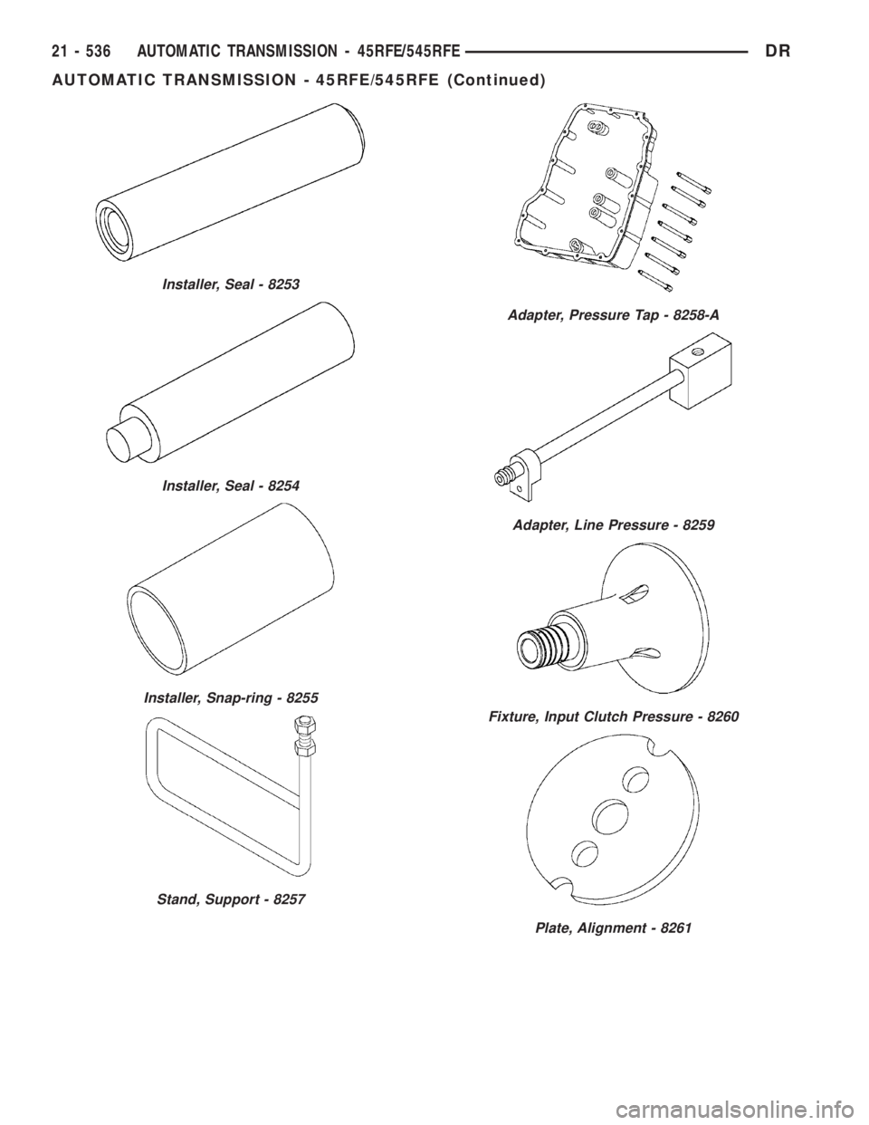 DODGE RAM 2003 Service Repair Manual Installer, Seal - 8253
Installer, Seal - 8254
Installer, Snap-ring - 8255
Stand, Support - 8257
Adapter, Pressure Tap - 8258-A
Adapter, Line Pressure - 8259
Fixture, Input Clutch Pressure - 8260
Plate DODGE RAM 2003 Service Repair Manual Installer, Seal - 8253
Installer, Seal - 8254
Installer, Snap-ring - 8255
Stand, Support - 8257
Adapter, Pressure Tap - 8258-A
Adapter, Line Pressure - 8259
Fixture, Input Clutch Pressure - 8260
Plate