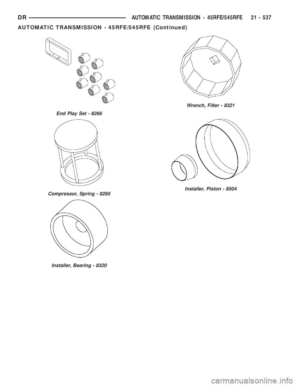 DODGE RAM 2003 Service Repair Manual Wrench, Filter - 8321
Installer, Piston - 8504
End Play Set - 8266
Compressor, Spring - 8285
Installer, Bearing - 8320
DRAUTOMATIC TRANSMISSION - 45RFE/545RFE 21 - 537
AUTOMATIC TRANSMISSION - 45RFE/5 DODGE RAM 2003 Service Repair Manual Wrench, Filter - 8321
Installer, Piston - 8504
End Play Set - 8266
Compressor, Spring - 8285
Installer, Bearing - 8320
DRAUTOMATIC TRANSMISSION - 45RFE/545RFE 21 - 537
AUTOMATIC TRANSMISSION - 45RFE/5