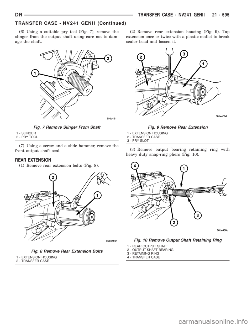 DODGE RAM 2003 Service Repair Manual (6) Using a suitable pry tool (Fig. 7), remove the
slinger from the output shaft using care not to dam-
age the shaft.
(7) Using a screw and a slide hammer, remove the
front output shaft seal.
REAR EX DODGE RAM 2003 Service Repair Manual (6) Using a suitable pry tool (Fig. 7), remove the
slinger from the output shaft using care not to dam-
age the shaft.
(7) Using a screw and a slide hammer, remove the
front output shaft seal.
REAR EX