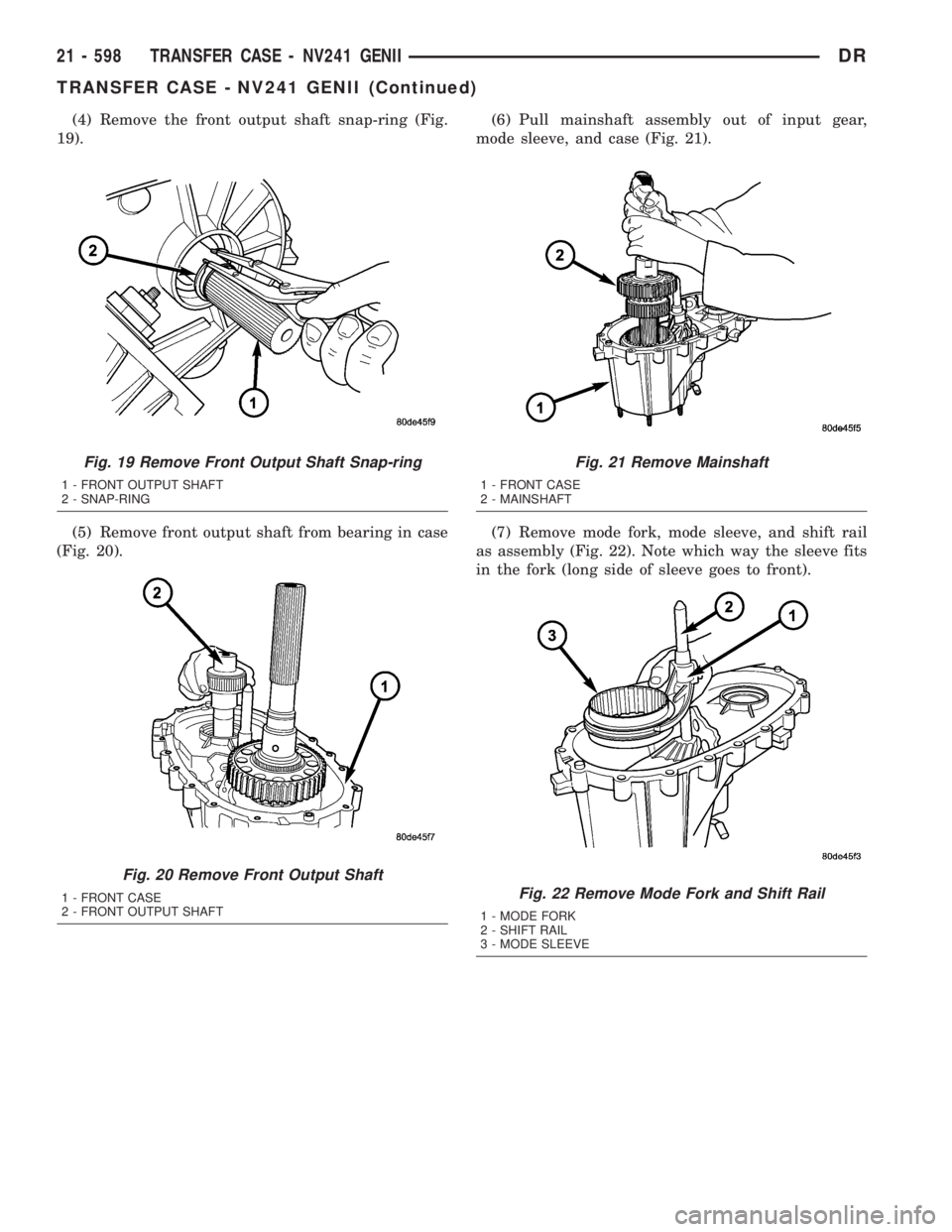 DODGE RAM 2003 Service Repair Manual (4) Remove the front output shaft snap-ring (Fig.
19).
(5) Remove front output shaft from bearing in case
(Fig. 20).(6) Pull mainshaft assembly out of input gear,
mode sleeve, and case (Fig. 21).
(7) DODGE RAM 2003 Service Repair Manual (4) Remove the front output shaft snap-ring (Fig.
19).
(5) Remove front output shaft from bearing in case
(Fig. 20).(6) Pull mainshaft assembly out of input gear,
mode sleeve, and case (Fig. 21).
(7)