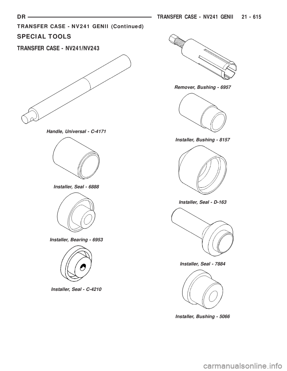 DODGE RAM 2003 Service Repair Manual SPECIAL TOOLS
TRANSFER CASE - NV241/NV243
Handle, Universal - C-4171
Installer, Seal - 6888
Installer, Bearing - 6953
Installer, Seal - C-4210
Remover, Bushing - 6957
Installer, Bushing - 8157
Install DODGE RAM 2003 Service Repair Manual SPECIAL TOOLS
TRANSFER CASE - NV241/NV243
Handle, Universal - C-4171
Installer, Seal - 6888
Installer, Bearing - 6953
Installer, Seal - C-4210
Remover, Bushing - 6957
Installer, Bushing - 8157
Install