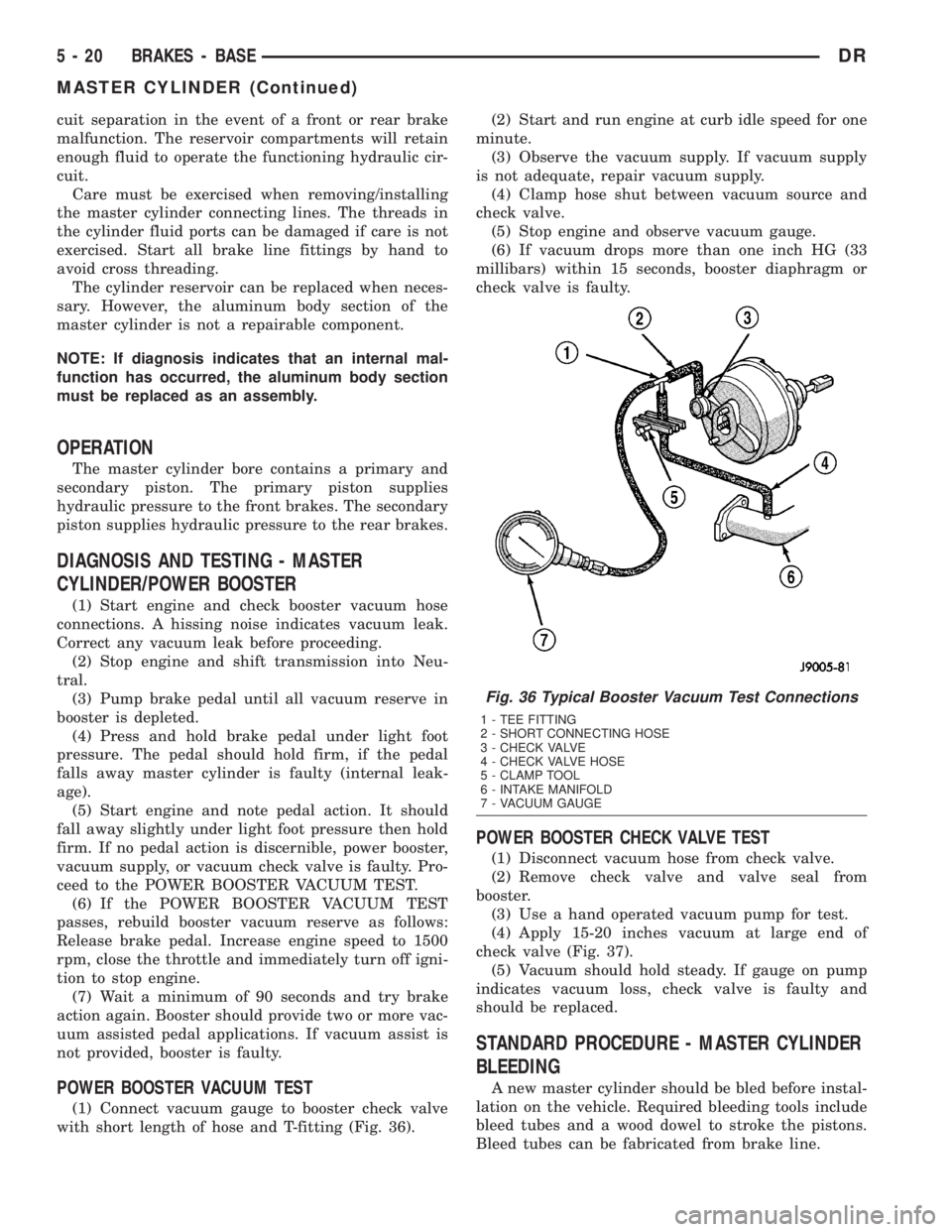 DODGE RAM 2003  Service Repair Manual cuit separation in the event of a front or rear brake
malfunction. The reservoir compartments will retain
enough fluid to operate the functioning hydraulic cir-
cuit.
Care must be exercised when remov