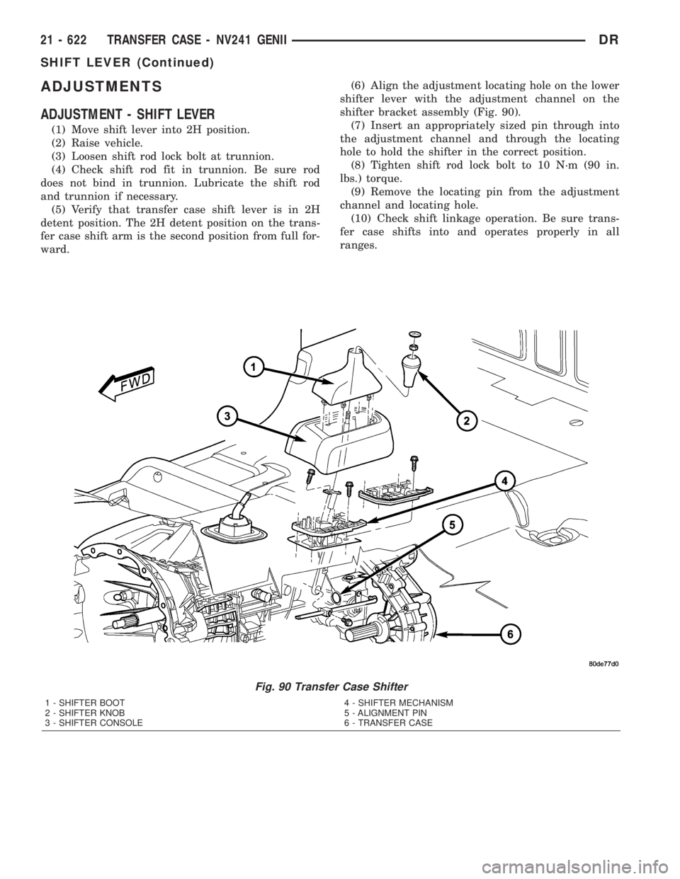 DODGE RAM 2003 Service Repair Manual ADJUSTMENTS
ADJUSTMENT - SHIFT LEVER
(1) Move shift lever into 2H position.
(2) Raise vehicle.
(3) Loosen shift rod lock bolt at trunnion.
(4) Check shift rod fit in trunnion. Be sure rod
does not bin DODGE RAM 2003 Service Repair Manual ADJUSTMENTS
ADJUSTMENT - SHIFT LEVER
(1) Move shift lever into 2H position.
(2) Raise vehicle.
(3) Loosen shift rod lock bolt at trunnion.
(4) Check shift rod fit in trunnion. Be sure rod
does not bin