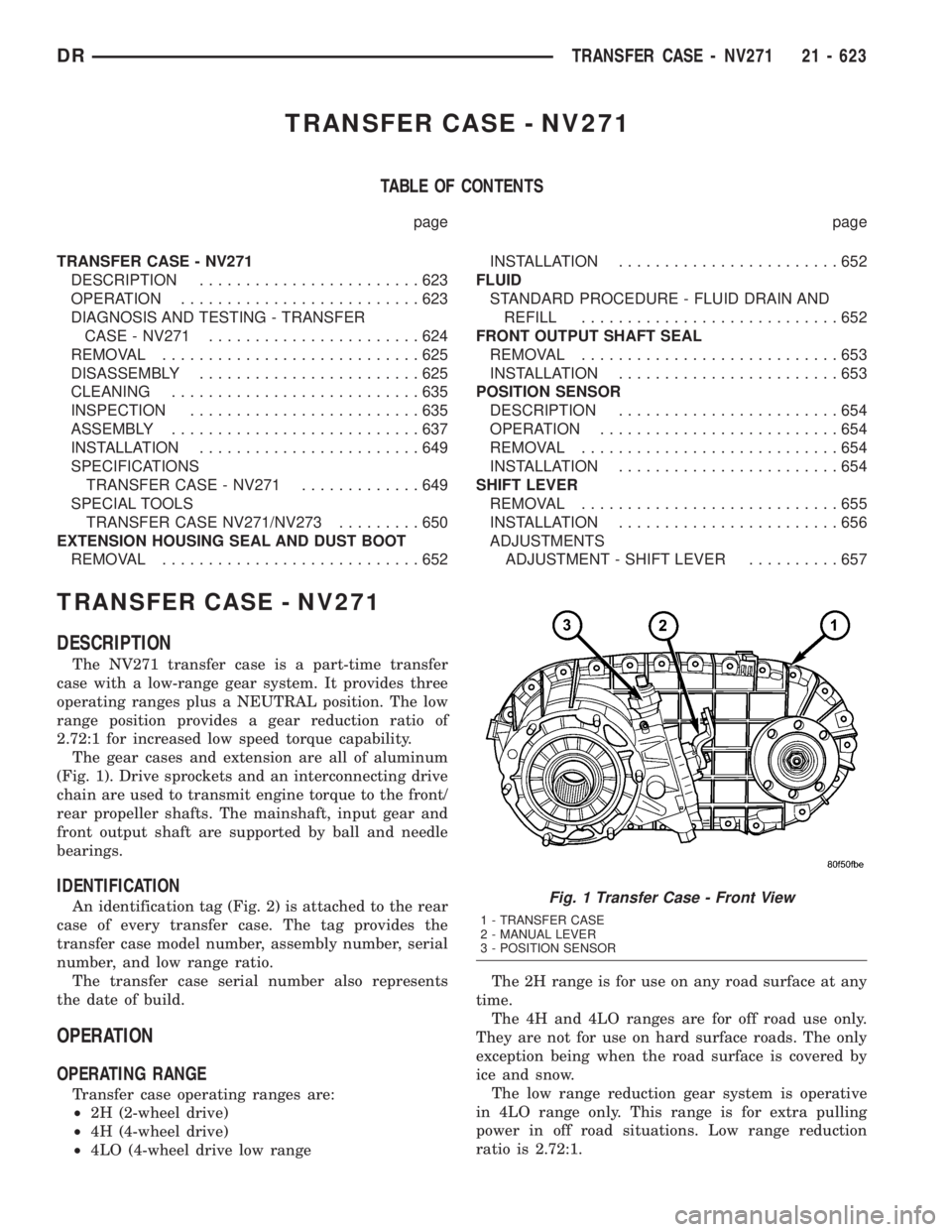 DODGE RAM 2003  Service Repair Manual TRANSFER CASE - NV271
TABLE OF CONTENTS
page page
TRANSFER CASE - NV271
DESCRIPTION........................623
OPERATION..........................623
DIAGNOSIS AND TESTING - TRANSFER
CASE - NV271.....