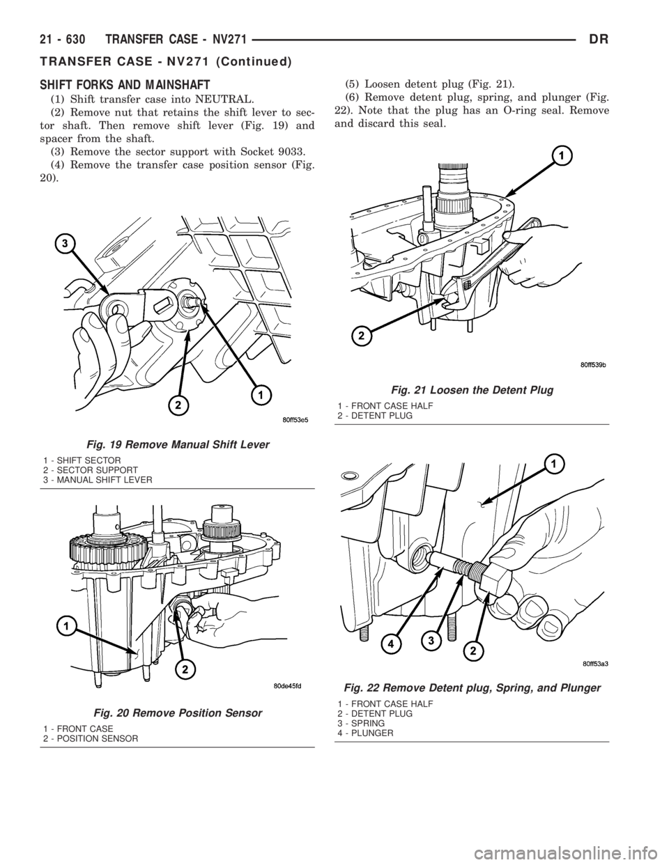DODGE RAM 2003  Service Repair Manual SHIFT FORKS AND MAINSHAFT
(1) Shift transfer case into NEUTRAL.
(2) Remove nut that retains the shift lever to sec-
tor shaft. Then remove shift lever (Fig. 19) and
spacer from the shaft.
(3) Remove t