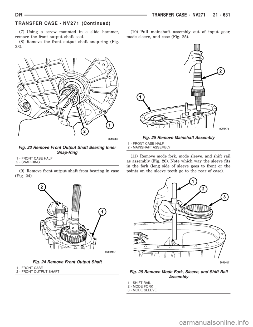 DODGE RAM 2003 Service Repair Manual (7) Using a screw mounted in a slide hammer,
remove the front output shaft seal.
(8) Remove the front output shaft snap-ring (Fig.
23).
(9) Remove front output shaft from bearing in case
(Fig. 24).(10 DODGE RAM 2003 Service Repair Manual (7) Using a screw mounted in a slide hammer,
remove the front output shaft seal.
(8) Remove the front output shaft snap-ring (Fig.
23).
(9) Remove front output shaft from bearing in case
(Fig. 24).(10