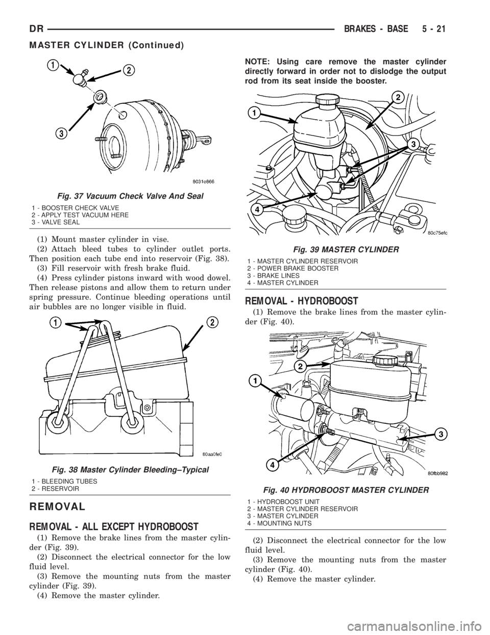 DODGE RAM 2003  Service Repair Manual (1) Mount master cylinder in vise.
(2) Attach bleed tubes to cylinder outlet ports.
Then position each tube end into reservoir (Fig. 38).
(3) Fill reservoir with fresh brake fluid.
(4) Press cylinder 