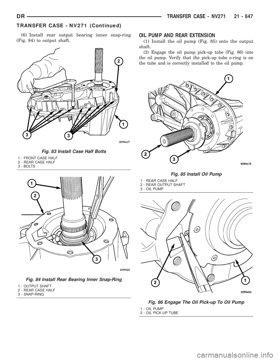 DODGE RAM 2003 Service Repair Manual (6) Install rear output bearing inner snap-ring
(Fig. 84) to output shaft.OIL PUMP AND REAR EXTENSION
(1) Install the oil pump (Fig. 85) onto the output
shaft.
(2) Engage the oil pump pick-up tube (Fi DODGE RAM 2003 Service Repair Manual (6) Install rear output bearing inner snap-ring
(Fig. 84) to output shaft.OIL PUMP AND REAR EXTENSION
(1) Install the oil pump (Fig. 85) onto the output
shaft.
(2) Engage the oil pump pick-up tube (Fi