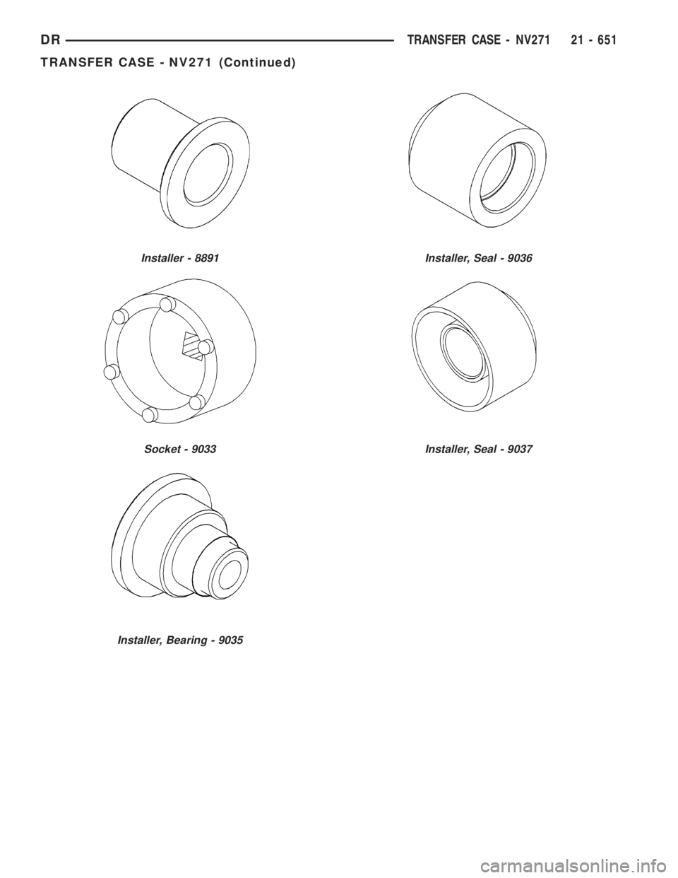 DODGE RAM 2003 Service Repair Manual Installer - 8891
Socket - 9033
Installer, Bearing - 9035
Installer, Seal - 9036
Installer, Seal - 9037
DRTRANSFER CASE - NV271 21 - 651
TRANSFER CASE - NV271 (Continued) DODGE RAM 2003 Service Repair Manual Installer - 8891
Socket - 9033
Installer, Bearing - 9035
Installer, Seal - 9036
Installer, Seal - 9037
DRTRANSFER CASE - NV271 21 - 651
TRANSFER CASE - NV271 (Continued)