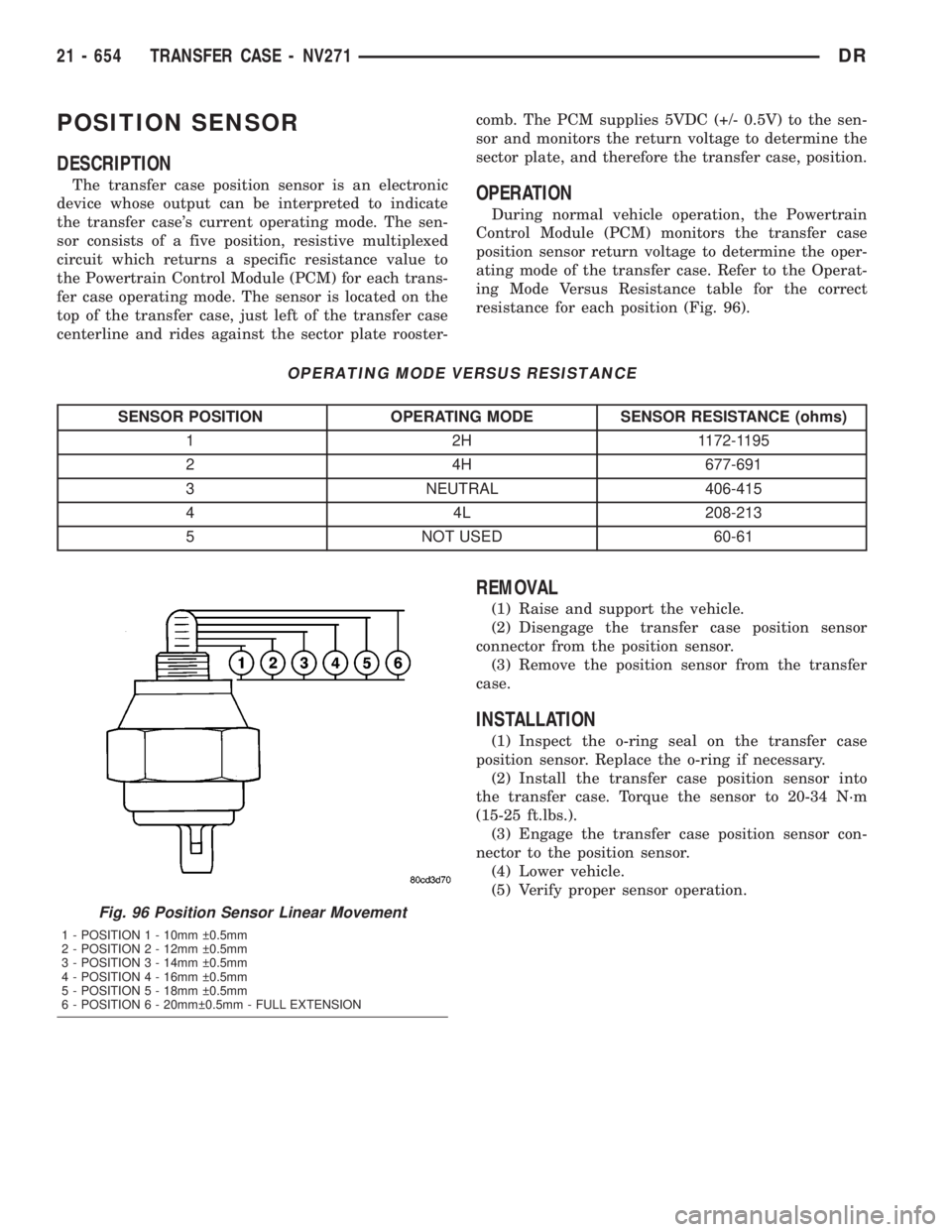 DODGE RAM 2003  Service Repair Manual POSITION SENSOR
DESCRIPTION
The transfer case position sensor is an electronic
device whose output can be interpreted to indicate
the transfer cases current operating mode. The sen-
sor consists of a