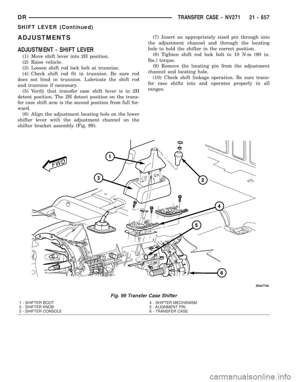 DODGE RAM 2003 Service Repair Manual ADJUSTMENTS
ADJUSTMENT - SHIFT LEVER
(1) Move shift lever into 2H position.
(2) Raise vehicle.
(3) Loosen shift rod lock bolt at trunnion.
(4) Check shift rod fit in trunnion. Be sure rod
does not bin DODGE RAM 2003 Service Repair Manual ADJUSTMENTS
ADJUSTMENT - SHIFT LEVER
(1) Move shift lever into 2H position.
(2) Raise vehicle.
(3) Loosen shift rod lock bolt at trunnion.
(4) Check shift rod fit in trunnion. Be sure rod
does not bin