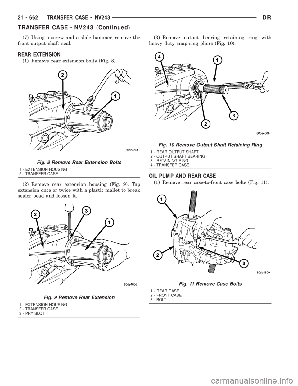 DODGE RAM 2003 Service Repair Manual (7) Using a screw and a slide hammer, remove the
front output shaft seal.
REAR EXTENSION
(1) Remove rear extension bolts (Fig. 8).
(2) Remove rear extension housing (Fig. 9). Tap
extension once or twi DODGE RAM 2003 Service Repair Manual (7) Using a screw and a slide hammer, remove the
front output shaft seal.
REAR EXTENSION
(1) Remove rear extension bolts (Fig. 8).
(2) Remove rear extension housing (Fig. 9). Tap
extension once or twi