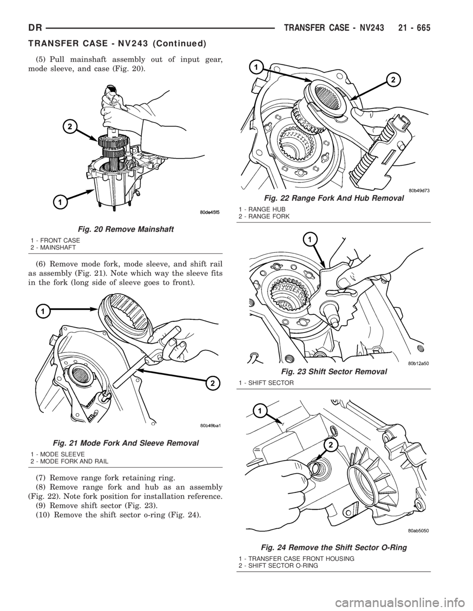 DODGE RAM 2003 Service Repair Manual (5) Pull mainshaft assembly out of input gear,
mode sleeve, and case (Fig. 20).
(6) Remove mode fork, mode sleeve, and shift rail
as assembly (Fig. 21). Note which way the sleeve fits
in the fork (lon DODGE RAM 2003 Service Repair Manual (5) Pull mainshaft assembly out of input gear,
mode sleeve, and case (Fig. 20).
(6) Remove mode fork, mode sleeve, and shift rail
as assembly (Fig. 21). Note which way the sleeve fits
in the fork (lon