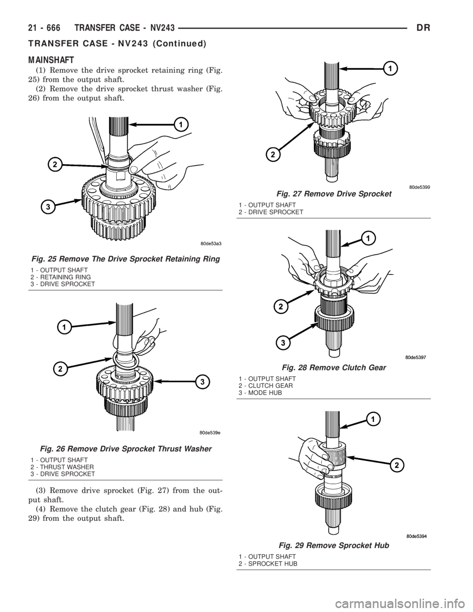 DODGE RAM 2003 Service Repair Manual MAINSHAFT
(1) Remove the drive sprocket retaining ring (Fig.
25) from the output shaft.
(2) Remove the drive sprocket thrust washer (Fig.
26) from the output shaft.
(3) Remove drive sprocket (Fig. 27) DODGE RAM 2003 Service Repair Manual MAINSHAFT
(1) Remove the drive sprocket retaining ring (Fig.
25) from the output shaft.
(2) Remove the drive sprocket thrust washer (Fig.
26) from the output shaft.
(3) Remove drive sprocket (Fig. 27)