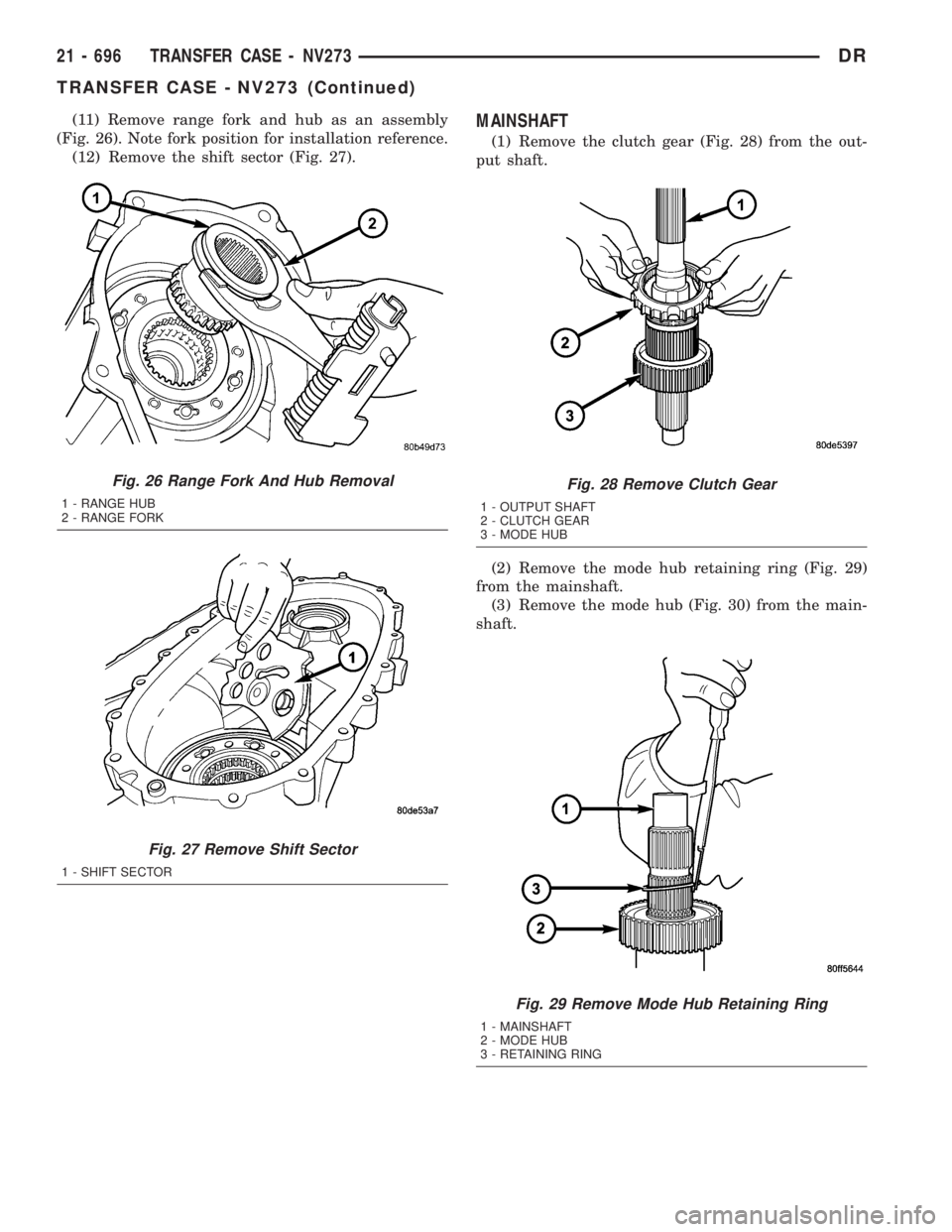 DODGE RAM 2003 Service Repair Manual (11) Remove range fork and hub as an assembly
(Fig. 26). Note fork position for installation reference.
(12) Remove the shift sector (Fig. 27).MAINSHAFT
(1) Remove the clutch gear (Fig. 28) from the o DODGE RAM 2003 Service Repair Manual (11) Remove range fork and hub as an assembly
(Fig. 26). Note fork position for installation reference.
(12) Remove the shift sector (Fig. 27).MAINSHAFT
(1) Remove the clutch gear (Fig. 28) from the o