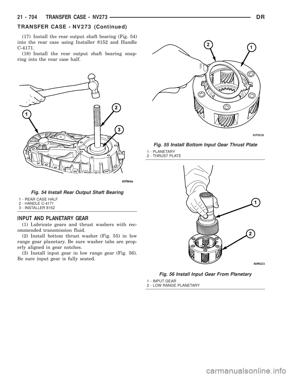 DODGE RAM 2003  Service Repair Manual (17) Install the rear output shaft bearing (Fig. 54)
into the rear case using Installer 8152 and Handle
C-4171.
(18) Install the rear output shaft bearing snap-
ring into the rear case half.
INPUT AND