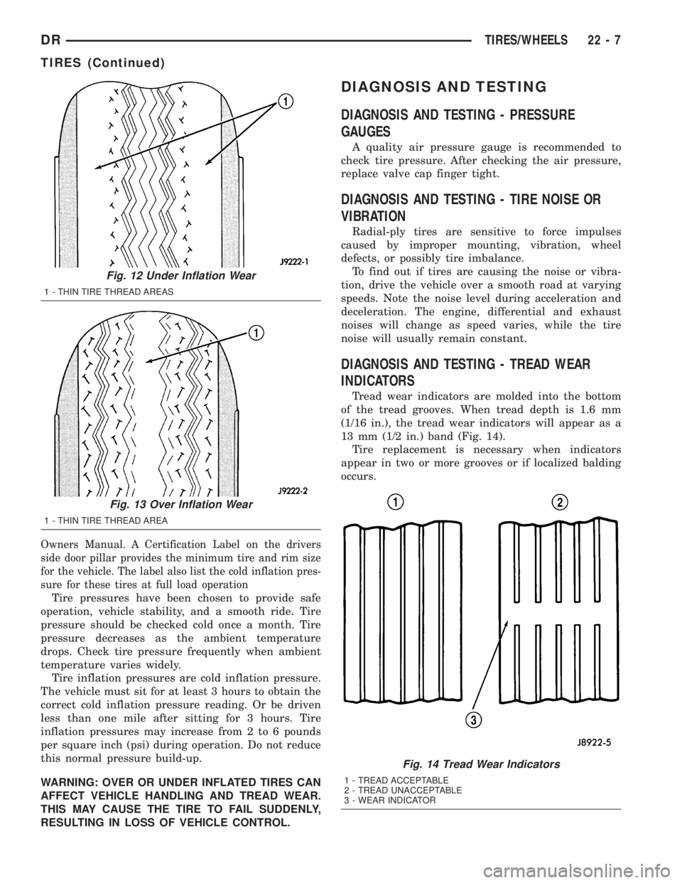 DODGE RAM 2003  Service Repair Manual Owners Manual. A Certification Label on the drivers
side door pillar provides the minimum tire and rim size
for the vehicle. The label also list the cold inflation pres-
sure for these tires at full l