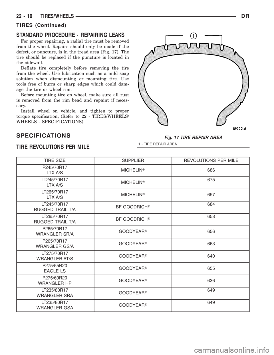 DODGE RAM 2003  Service Repair Manual STANDARD PROCEDURE - REPAIRING LEAKS
For proper repairing, a radial tire must be removed
from the wheel. Repairs should only be made if the
defect, or puncture, is in the tread area (Fig. 17). The
tir