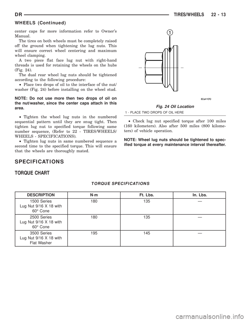 DODGE RAM 2003  Service Repair Manual center caps for more information refer to Owners
Manual.
The tires on both wheels must be completely raised
off the ground when tightening the lug nuts. This
will ensure correct wheel centering and m